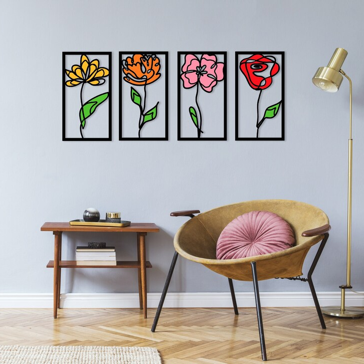 Flowers Colorful Set of 4 Panel Wood Wall Decor