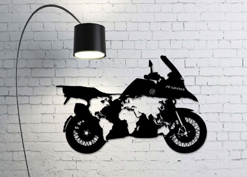 Motorcycle with World Map Wall Decor