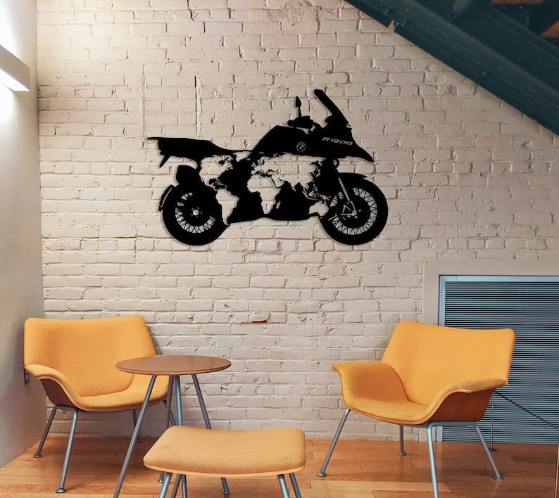 Motorcycle with World Map Wall Decor